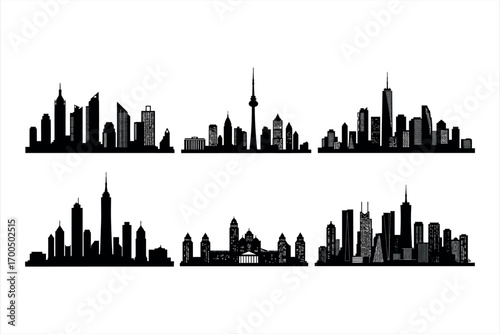 Six black silhouette city skylines with detailed building windows and a tower cityscape urban white