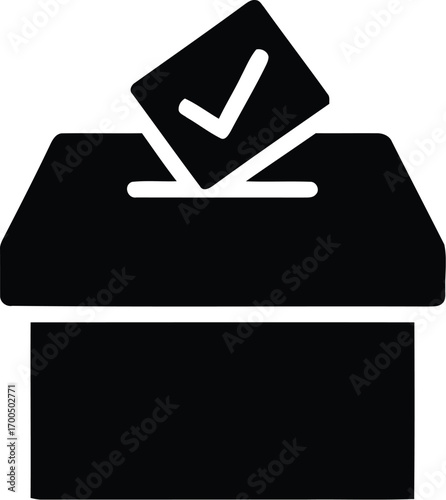 A stylized illustration of a ballot box with a ballot being inserted with a check mark.