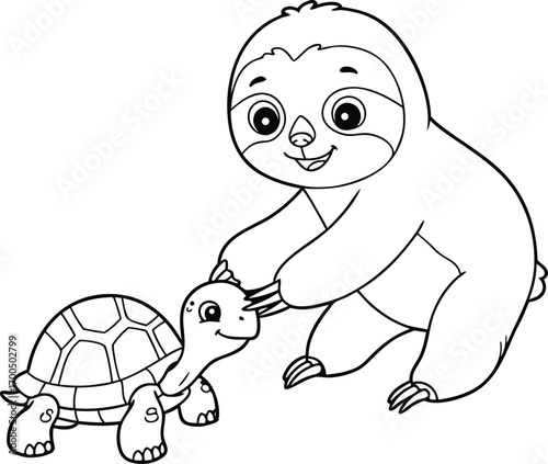 Adorable cartoon sloth gently interacting with a smiling friendly turtle illustration