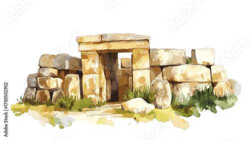 Ggantija Temples. Ggantija Temples watercolor vector illustration