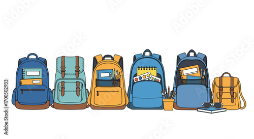A colorful assortment of pixel art backpacks filled with school supplies ready for adventure