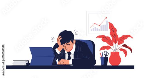 Business professional feeling overwhelmed and stressed while working late at desk