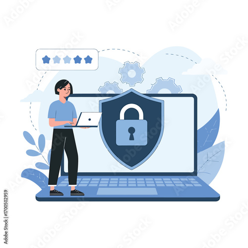 Vector art of person working on a laptop with a shield and lock icon, representing cybersecurity and data protection