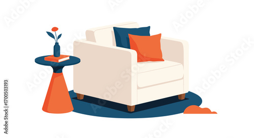 Comfortable armchair with accent pillows and decorative side table for cozy home interior design
