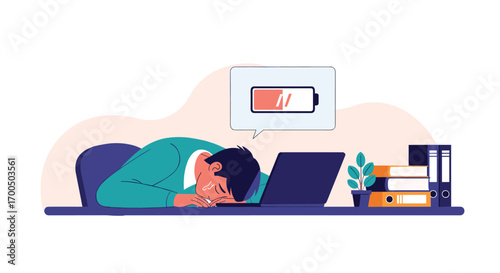 Overworked business professional exhausted by long working hours and low energy levels at the desk
