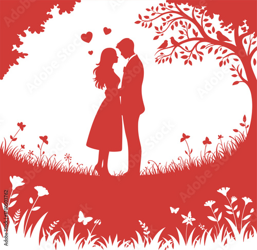 Romantic couple silhouette standing close under tree, love hearts, floral meadow, romantic relationship, tender moment, nature scene, red and white