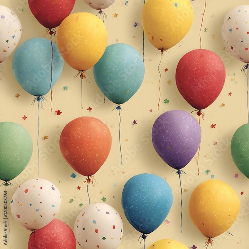 Colorful balloons floating with confetti on festive background