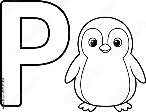 Adorable penguin and letter p black and white illustration for educational and children's design