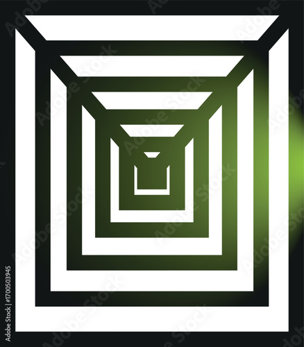 Abstract geometric tunnel illusion perspective with green glow and deep receding squares vector