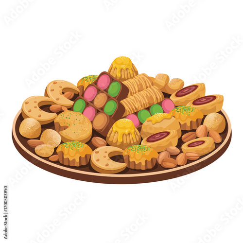 Vibrant vector illustration of a round platter overflowing with Eid cookies pastries and sweets isolated on white background