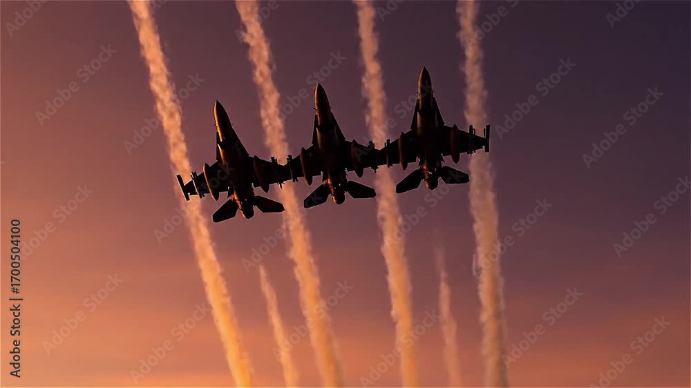 Three fighter jets flying in formation leaving trails of smoke against ...