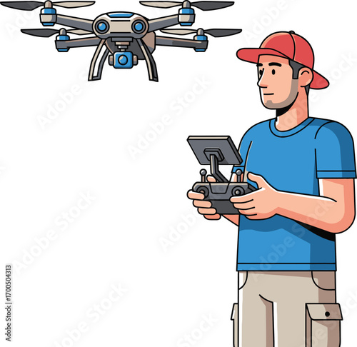 Drone operator with remote controller controlling a drone in flight using modern technology