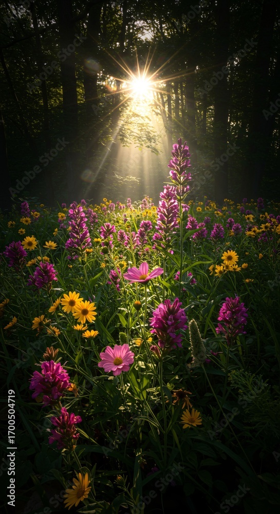 Obraz premium Radiant Rays Filtering Past Forest Flowers