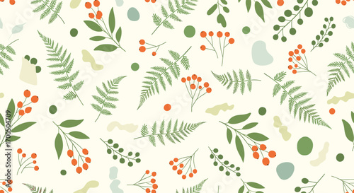 A whimsical pattern featuring delicate fern fronds scattered berries and organic shapes on a creamy background