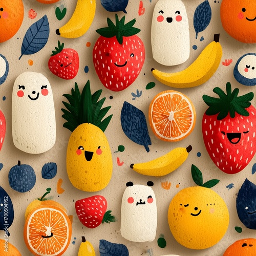 Pineapple strawberries and bananas with smiling faces illustration