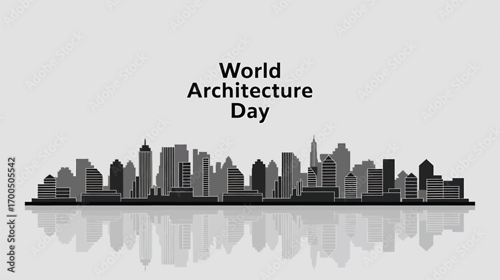 Naklejka premium Vector art of world architecture day text above a grayscale city skyline with reflections