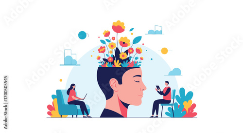 Illustrating the power of positive thinking and mental well-being through blooming creativity and inner peace