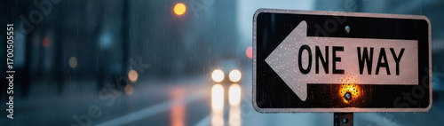 One way street sign with rain drop on surface. Traffic direction indicator on a rainy day for city road safety.