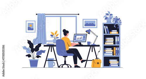 A woman is working from home at her desk in a bright and well-lit room with plants and bookshelves
