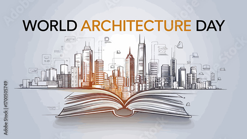 Vector art of world architecture day celebrated with an open book displaying a city skyline sketch, symbolizing knowledge and creativity in urban design