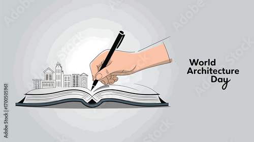 Vector art of world architecture day illustrated with a hand writing on an open book that transforms into a city skyline, symbolizing the foundation of architecture