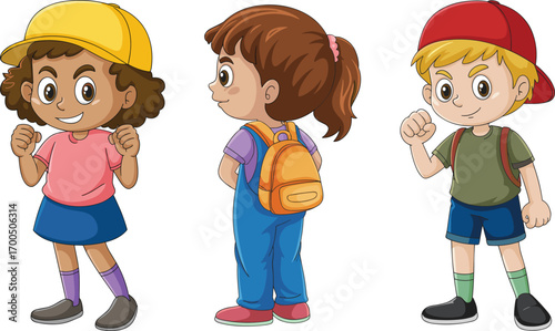 Three happy kids standing together, smiling children with backpacks and caps, diverse group of kids ready for school adventure
