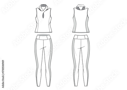 Women Sportswear Yoga Twisted Halter Neck Cut out Vest With Leggings Pants Matching Set, Front & Back View CAD, fashion flat sketch, Editable Flat Technical Drawings Illustration, Top Leggings Mock up