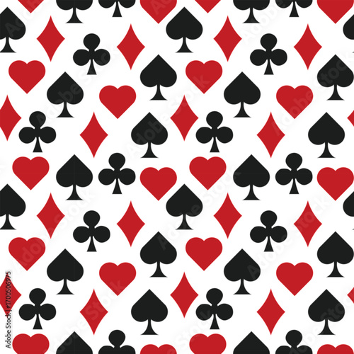 Seamless Playing Card Suit Pattern with Red and Black Symbols. Repeating hearts, diamonds, clubs, and spades design perfect for casino themes, games, and textiles. Bold and classic vector style.