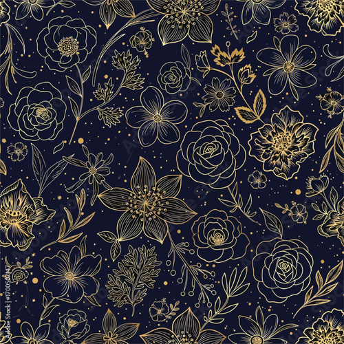 Elegant golden floral pattern with roses and botanical elements on dark background, seamless pattern, Stock royalty image.