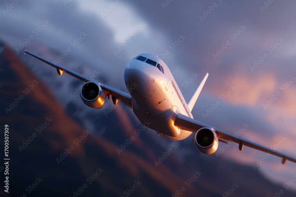 Naklejka premium cinematic airplane taking off over mountains, sunrise lighting, dramatic clouds, motion blur, dynamic composition