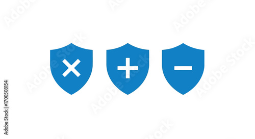 Vector illustration of three blue shields with mathematical symbols