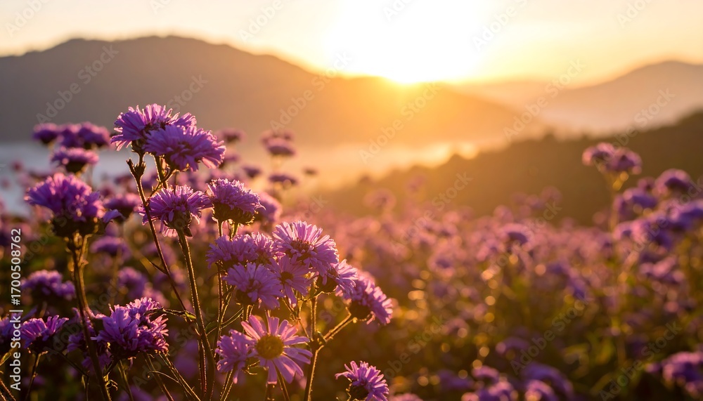 Fototapeta premium A vibrant field of purple flowers bathed in the golden light of sunrise, with a soft focus on the distant mountains.