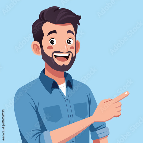 Cheerful Man Pointing with Bright Blue Background cheerful man pointing