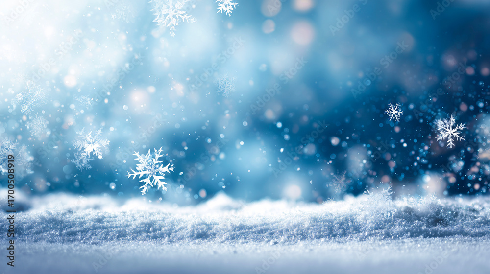 Naklejka premium ふんわり雪原と舞い雪・遠近感のある冬の風景ボケ背景