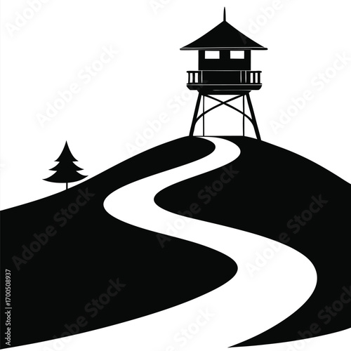Silhouette of a Watchtower on Hilltop With Winding Path and Pine Tree Graphic