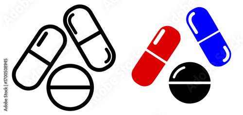 Set of vector medicine icon, pills sign, capsule and drug, healthcare icon. 