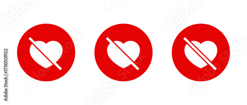 No love heart icon in red circle. Broken relationship and romance prohibition symbol