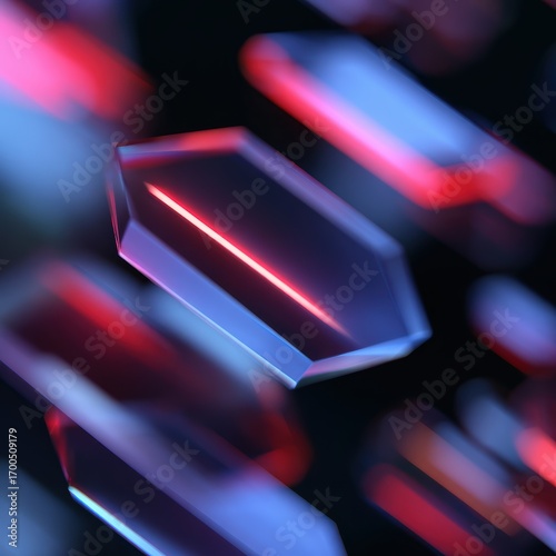 abstract neon geometric shapes floating in dark space, glowing edges, dynamic composition, futuristic digital art background