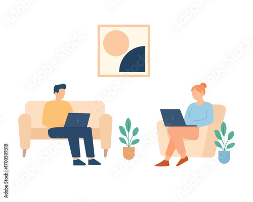 People working remotely with laptops at home – flat vector illustration