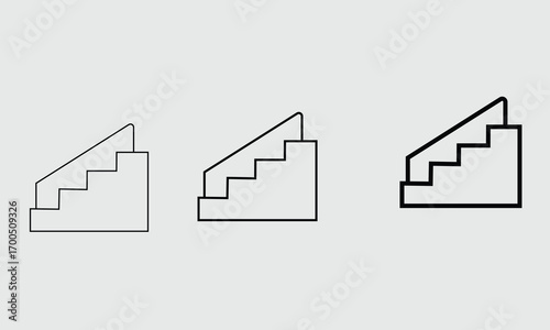 Three simple line art icons of stairs with handrails on a light gray background staircase steps