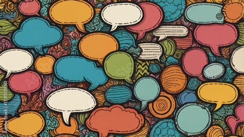 Vibrant Collage of Colorful, Hand-Drawn Speech Bubbles on a Textured Doodle Background