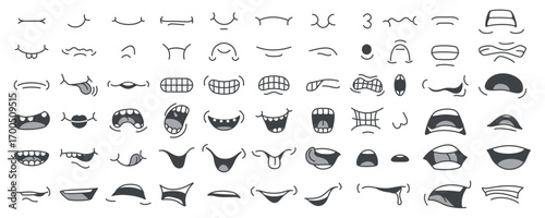 Various cartoon mouth doodles showing different emotions and expressions, ideal for character design, comics, and animation, isolated on white background vector illustration