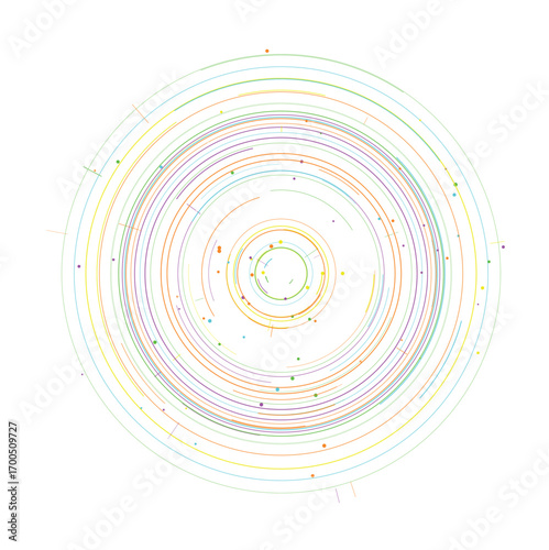 Dynamic multicolored concentric orbital arcs and dots create a vibrant abstract science and technology background, perfect for modern design, presentations, and creative projects vector illustration