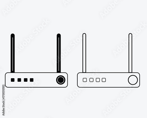 Two black and white line art icons of wireless routers with antennas wifi internet