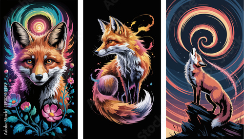 Whimsical fox with vibrant, swirling cosmic tail against a dark, starry background, digital art