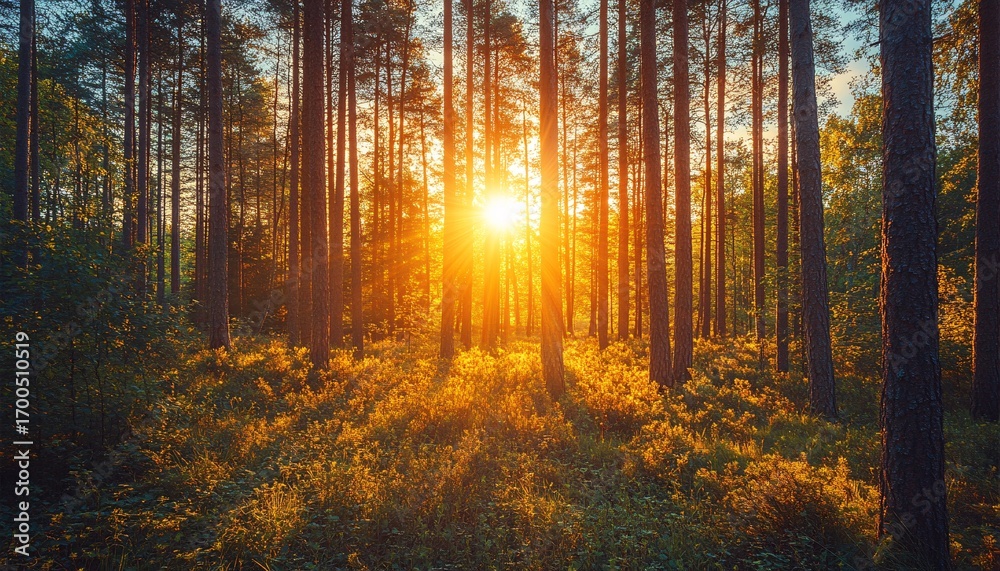 Fototapeta premium The image shows a vibrant sunset scene in a lush pine forest with the sun's rays penetrating the trees and illuminating the ground vegetation.