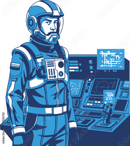 Skilled astronaut in a protective helmet and uniform navigating a spaceship from the control panel. Professional aerospace vector art