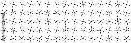 Dynamic sequence of sci fi rotating fan icons in black and white, perfect for technology, motion graphics, or futuristic design projects, isolated on white background vector illustration