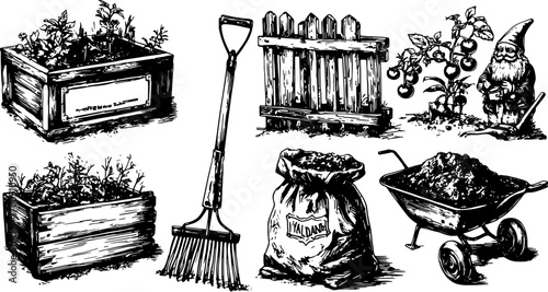 Vintage garden tools and planters set illustration features a gardener gnome, fence, and soil elements in detailed black and white vector style.