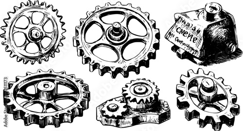 Vintage gear illustration in black and white featuring detailed technical drawings. This vector artwork showcases various mechanical components in a set.